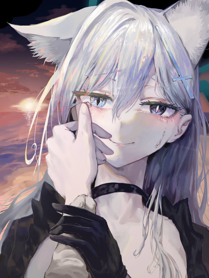 1girl absurdres animal_ear_fluff animal_ears black_choker black_dress black_halo blue_archive blue_eyes blush breasts broken_halo choker cleavage comforting cross cross_hair_ornament crying crying_with_eyes_open dark_halo dress extra_ears grey_hair hair_between_eyes hair_ornament halo happy_tears heterochromia highres inverted_cross kongaru_123 long_hair long_sleeves looking_at_viewer mismatched_pupils sensei_(blue_archive) shiroko_(blue_archive) shiroko_terror_(blue_archive) solo_focus tears wiping_tears wolf_ears wolf_girl