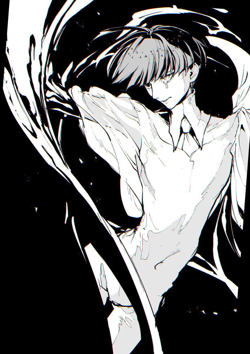 1other absurdres androgynous black_background blunt_ends bowl_cut crying crying_with_eyes_open crystal crystal_hair dripping feet_out_of_frame gold golden_arms greyscale heterochromia high_collar highres houseki_no_kuni itabasami medium_hair molten_metal monochrome moon_uniform_(houseki_no_kuni) other_focus phosphophyllite phosphophyllite_(ll) see-through_clothes see-through_sleeves short_hair simple_background smile solo spoilers tears upper_body