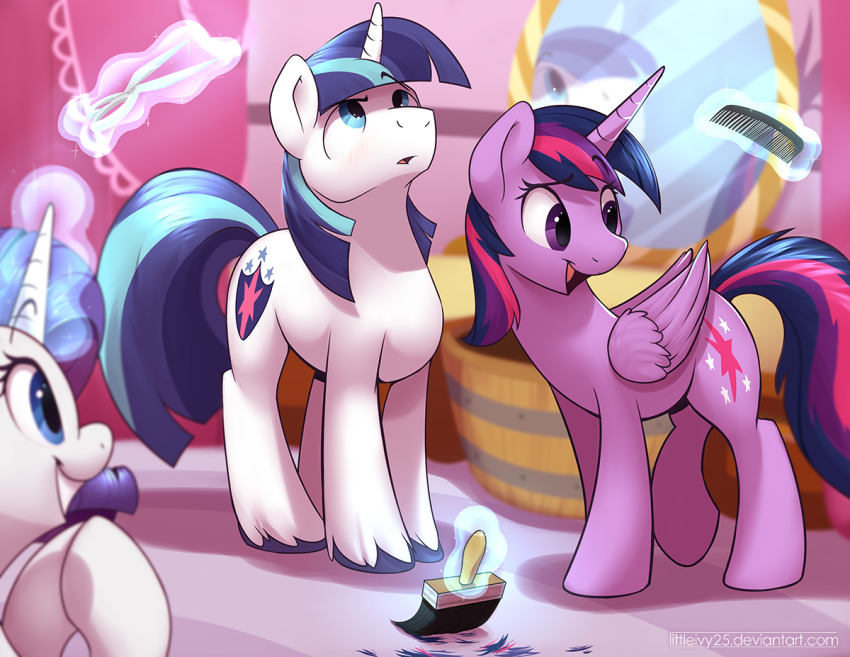 1boy 2girls blue_eyes blue_hair braeburned horns indoors mirror multicolored_hair multiple_girls my_little_pony my_little_pony:_friendship_is_magic open_mouth pink_hair purple_eyes purple_fur purple_hair rarity_(my_little_pony) shining_armor single_horn telekinesis twilight_sparkle two-tone_hair unicorn white_fur