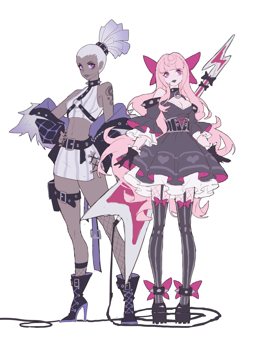2girls absurdres alternate_eye_color alternate_hair_color alternate_universe asymmetrical_legwear bare_shoulders black_dress black_footwear black_gloves boots breasts carole_&amp;_tuesday carole_stanley cleavage commentary dark-skinned_female dark_skin dress english_commentary eyelashes fishnets freckles gloves goth_fashion guitar high_heel_boots high_heels high_ponytail highres instrument jacket large_breasts long_hair looking_at_viewer makeup midriff multiple_girls navel pink_eyes pink_hair ponytail purple_eyes runny_makeup simple_background sketch skirt standing tank_top thighhighs thighs tuesday_simmons white_background yus