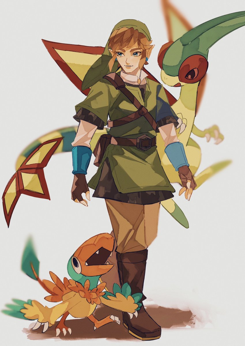 1boy archen blonde_hair blue_eyes boots brown_footwear bug crossover dragonfly fantasy fingerless_gloves flygon full_body gen_3_pokemon gen_5_pokemon gloves green_headwear hat highres insect link male_focus nintendo pisu_1107 pointy_ears pokemon pokemon_(creature) the_legend_of_zelda the_legend_of_zelda:_skyward_sword walking