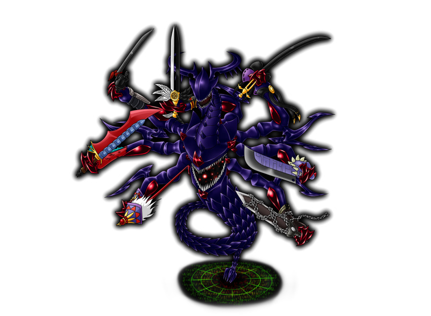 digimon digimon_(creature) fusion huanglongmon ogudomon open_mouth oridigi sharp_teeth solo sword teeth transparent_background weapon