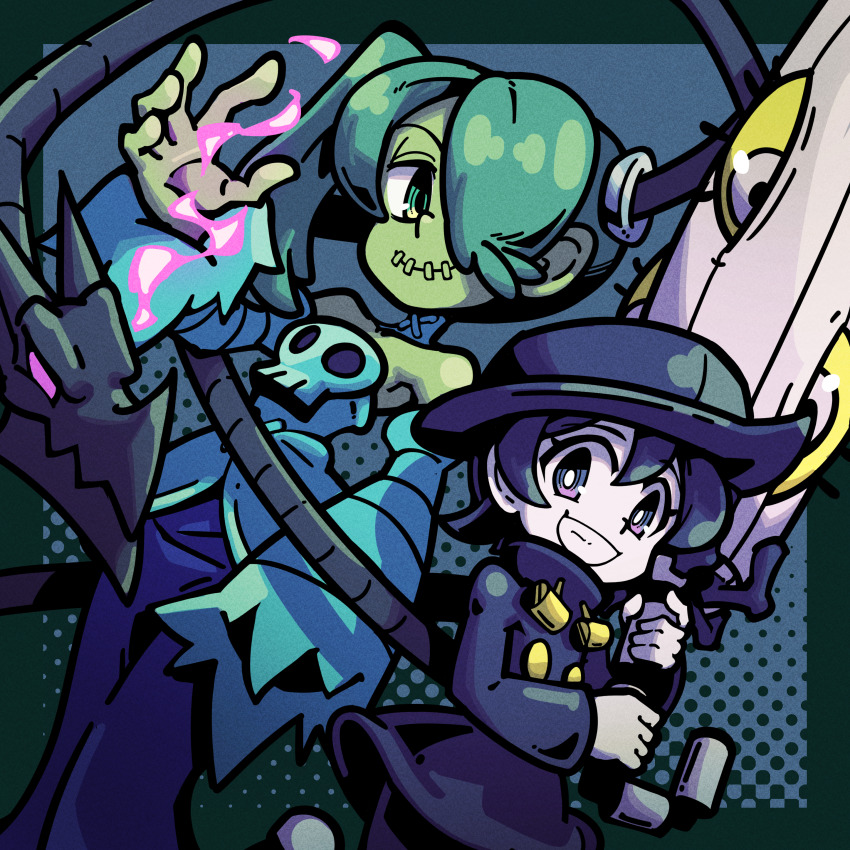 2girls absurdres alternate_color bat_(animal) blue_background bright_pupils bubble buresu21 colored_skin detached_collar dotted_background dress dutch_angle green_eyes green_hair green_skin grin hair_over_one_eye hat highres hungern_(skullgirls) leviathan_(skullgirls) looking_at_viewer multiple_girls onozawa_(buresu21) open_mouth raincoat skeletal_arm skullgirls smile squigly_(skullgirls) stitched_mouth stitches striped_sleeves umbrella umbrella_(skullgirls) white_pupils zombie