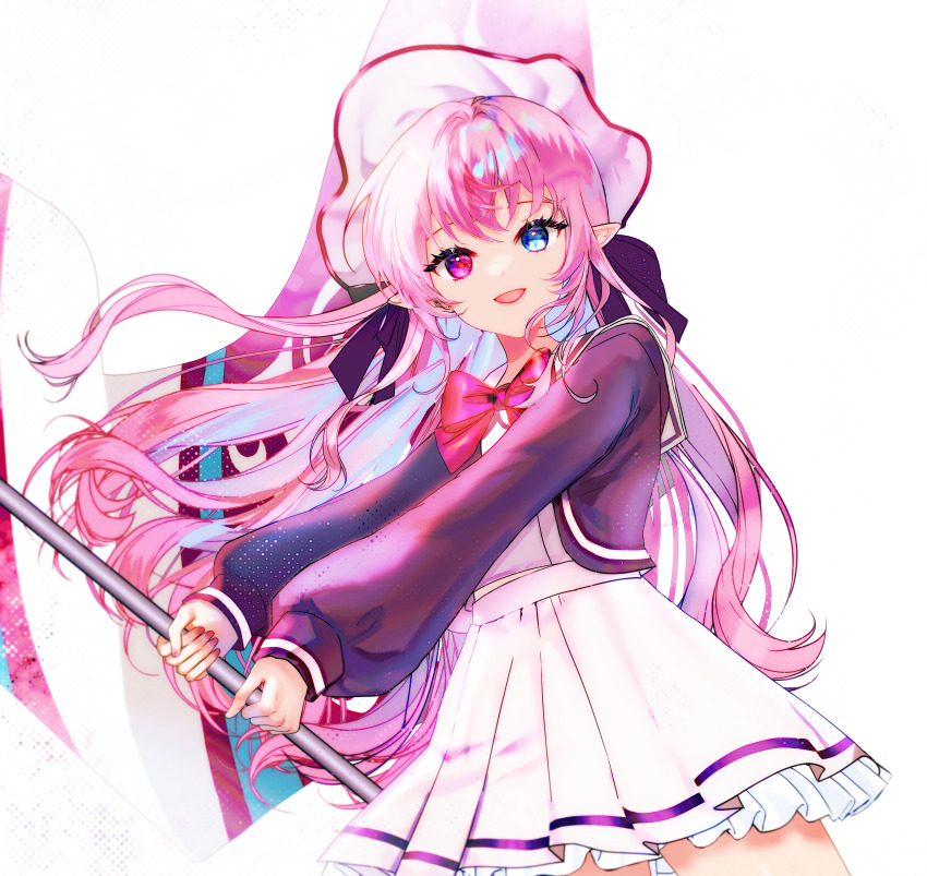 1girl :d absurdres blue_eyes bonnet bow bowtie cardigan commentary commission english_commentary flag hat heterochromia highres holding holding_flag hololive hololive_english long_hair long_sleeves looking_at_viewer miniskirt open_mouth pink_bow pink_bowtie pink_hair pleated_skirt puffy_long_sleeves puffy_sleeves purple_cardigan purple_eyes school_uniform shirt sidelocks simple_background skirt smile solo sowon star-shaped_pupils star_(symbol) symbol-shaped_pupils umino_miruku_(irys) very_long_hair virtual_youtuber white_background white_hat white_shirt white_skirt