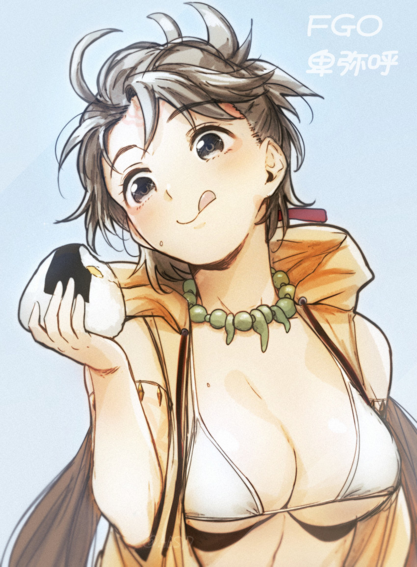 1girl aoba_(smartbeat) bare_shoulders bikini blush body_markings breasts brown_eyes brown_hair cleavage collarbone facial_mark fate/grand_order fate_(series) food food_on_face forehead forehead_mark highres himiko_(fate) himiko_(tour_outfit)_(fate) hood hooded_vest hoodie large_breasts licking_lips long_hair magatama magatama_necklace necklace onigiri orange_vest rice rice_on_face smile solo swimsuit tongue tongue_out topknot twintails vest white_bikini