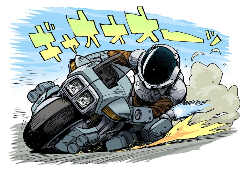 1980s_(style) 1boy armor helmet kikou_souseiki_mospeada mecha missile mospeada mospeada_(mecha) motor_vehicle motorcycle oldschool power_armor punch_arino retro_artstyle riding robot rocket_launcher scan science_fiction stick_bernard traditional_media weapon