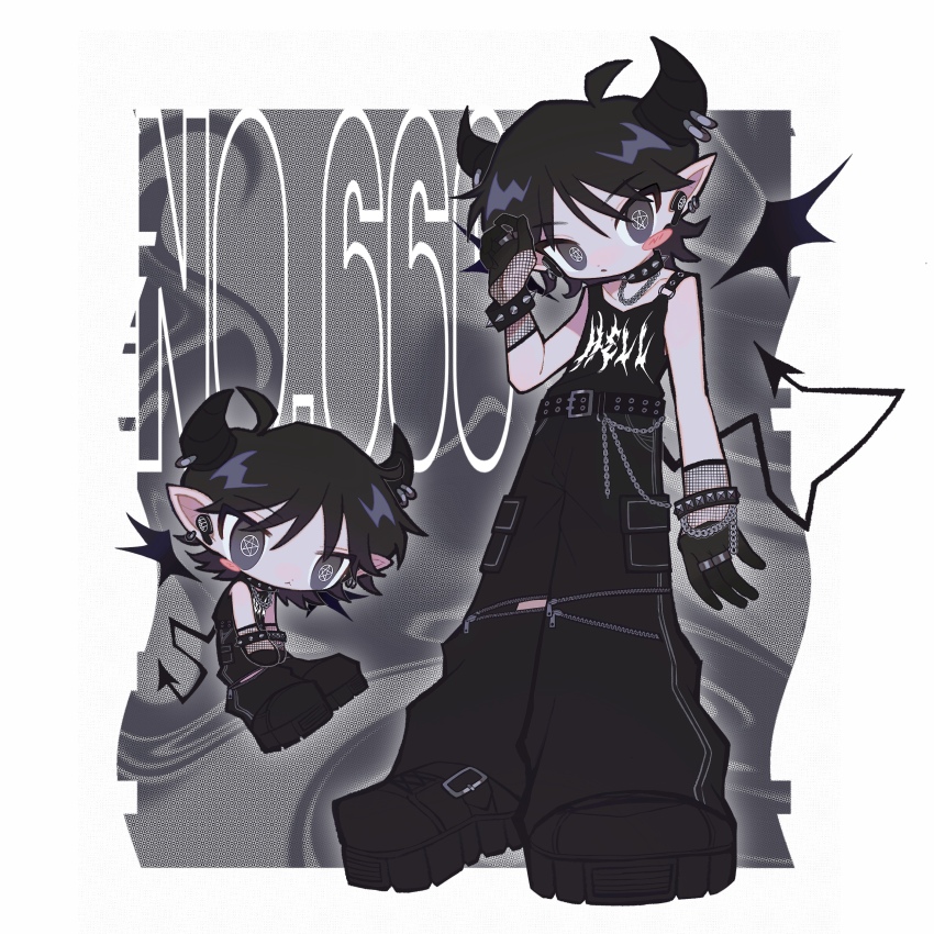 1boy absurdres ahoge belt black_hair chain chibi chibi_inset clothes_writing demon_boy demon_tail demon_wings goth_fashion grey_eyes highres looking_at_viewer original pants pentacle pointy_ears shoes short_hair standing tail tank_top wings yappari