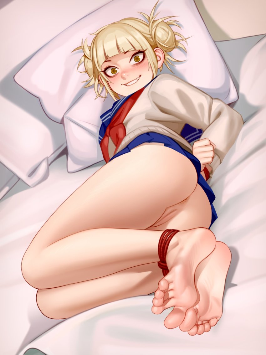 1girl absurdres anus anus_peek arms_behind_back barefoot bdsm bed blonde_hair blush boku_no_hero_academia bondage bound bound_ankles bound_wrists brown_eyes cleft_of_venus double_bun feet foot_focus foreshortening grin hair_bun highres kairunoburogu looking_at_viewer no_panties pillow pussy restrained rope school_uniform serafuku short_hair skirt smile soles solo spread_toes thighs toes toga_himiko uncensored yellow_eyes