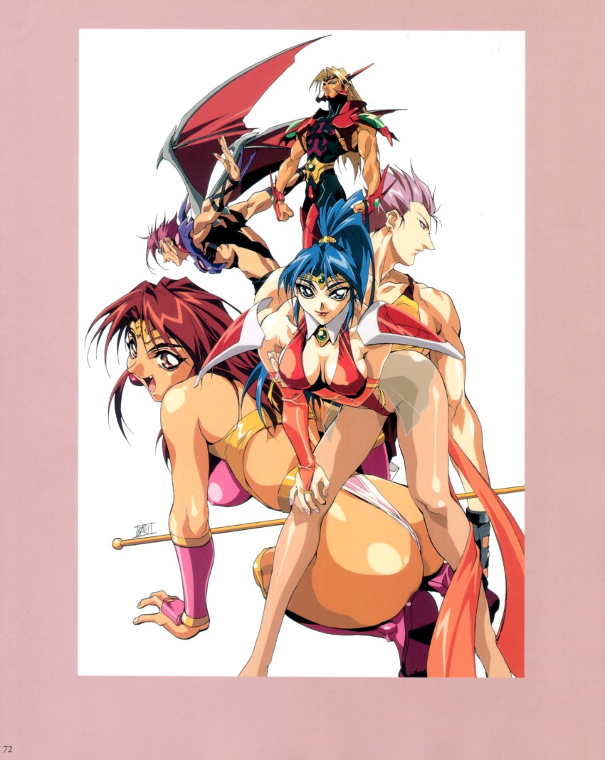 1990s_(style) 2girls 3boys :d abs all_fours armor artbook ass back bare_shoulders bat_wings belt bent_over blue_eyes blue_hair boots border bow breast_hold breasts breasts_apart bridal_gauntlets brown_eyes brown_hair brown_legwear choker choujin_gakuen_gowcaizer circlet cleavage clenched_hand covered_erect_nipples curvy earrings facial_mark fang fingerless_gloves fingernails frown gem gloves gowcaizer groin hair_ornament hand_on_thigh hellstinger high_ponytail highleg highleg_leotard highres hishizaki_shaia_(gowcaizer) jewelry kaiza_isato kash_gyustan large_breasts legs leotard lips lipstick long_fingernails long_hair long_legs looking_at_viewer looking_away looking_back magical_girl makeup miniskirt multiple_boys multiple_girls muscular nail_polish no_bra official_art oobari_masami open_mouth outstretched_arms panties pantyhose pauldrons pink_boots pink_hair pink_legwear polearm ponytail purple_hair red_hair retro_artstyle revealing_clothes ribs sash scan shigure_kyosuke shigure_kyousuke short_hair shoulder_armor sideboob sidelocks signature simple_background skirt smile son_karin spiked_hair spread_arms tan tank_top technos thigh_boots thighhighs thong tiara underwear weapon white_background wings