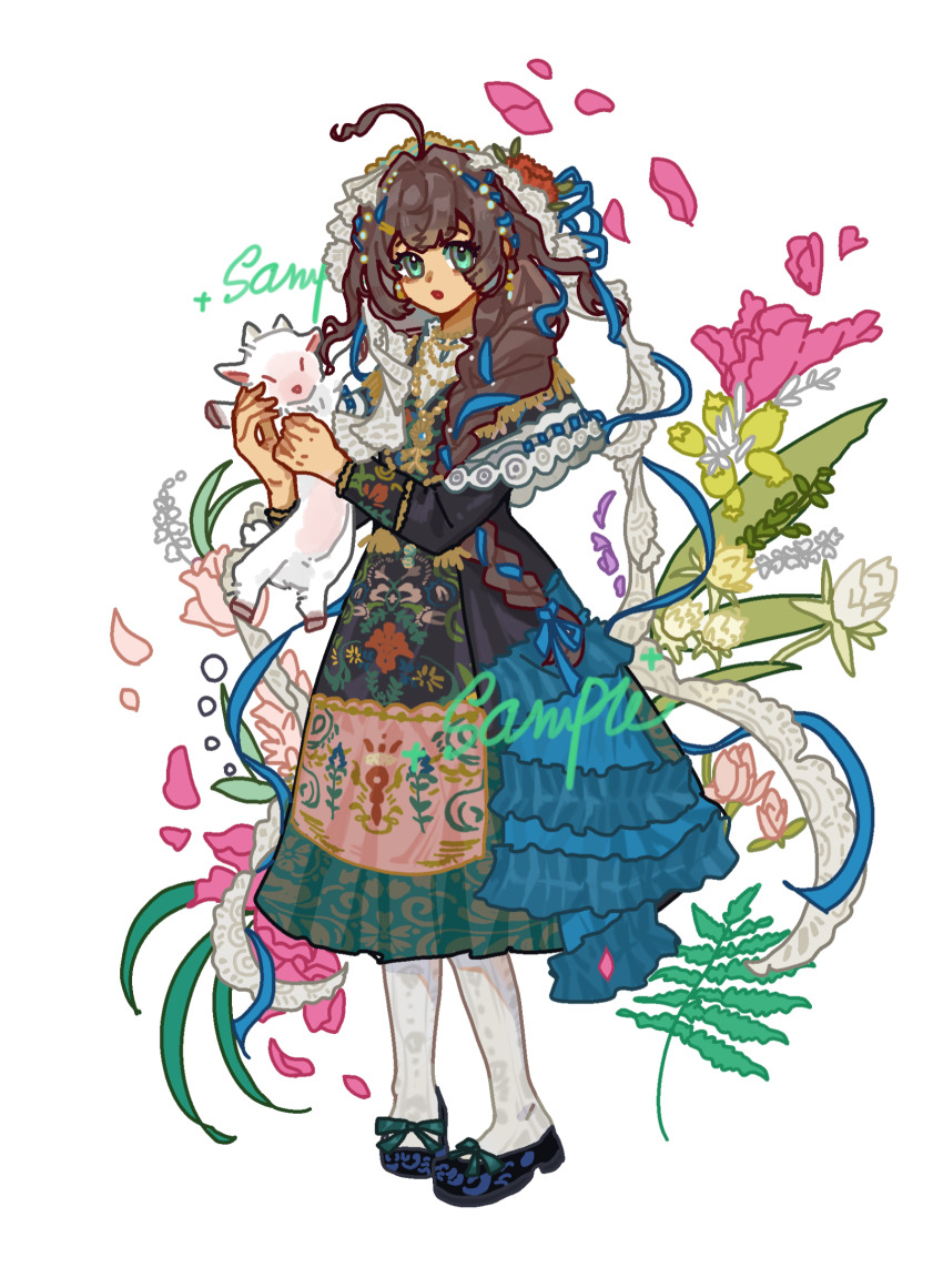 1girl absurdres ahoge animal baby_animal black_dress black_shoes brown_hair dress fatutu floral_print floral_print_dress flower full_body hair_flower hair_ornament hairband highres holding holding_animal lace_hairband lamb long_braid long_dress long_sleeves official_alternate_costume pigeon-toed plant print_dress red_flower reverse:1999 sample_watermark sheep shoes socks solo spanish_clothes standing watermark white_background white_socks zaixian_zuomeng