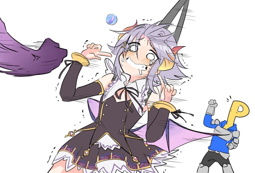 1boy 1girl anger_vein black_dress bracelet clenched_teeth cosplay crying crying_with_eyes_open demon_horns detached_sleeves dress drooling gameplay_mechanics gran_(granblue_fantasy) gran_(granblue_fantasy)_(cosplay) horns idolmaster idolmaster_cinderella_girls index_fingers_raised jewelry koshimizu_sachiko long_sleeves motion_lines mouth_drool o_o p-head_producer producer_(idolmaster) punching purple_hair seal_007 short_hair simple_background swinging tears teeth white_background