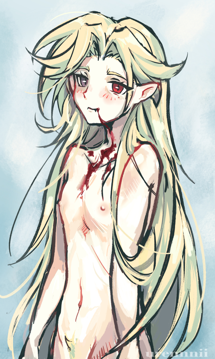 1boy absurdres blonde_hair blonde_pubic_hair blood english_text heterochromia highres hugo_vlad nipples pale_skin pointy_ears sharp_teeth skinny teeth urennnii vampire watermark zenless_zone_zero
