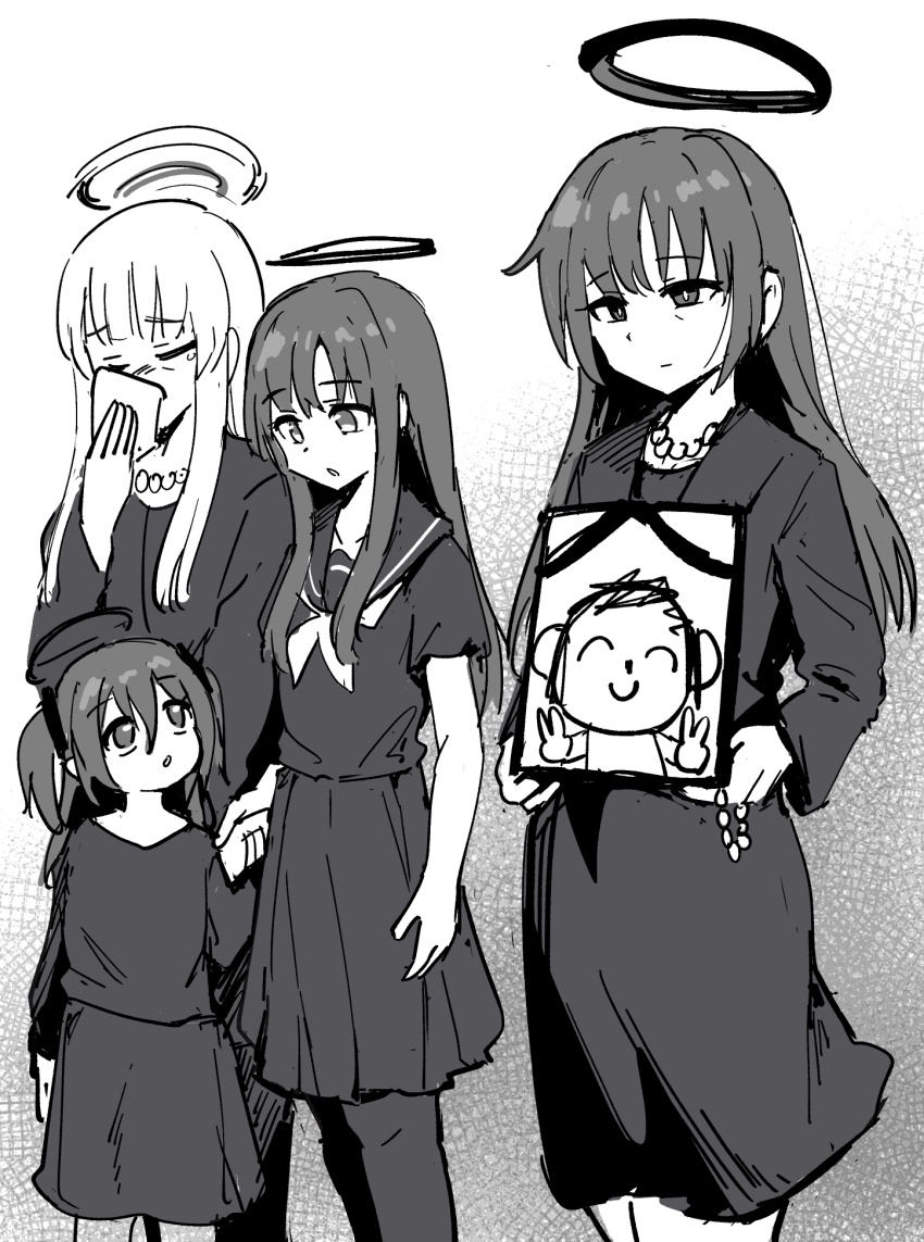 4girls aged_up black_gloves blue_archive crying doodle_sensei_(blue_archive) double_v dress funeral funeral_dress gloves halo highres iei if_they_mated long_hair mother_and_daughter multiple_girls noa_(blue_archive) school_uniform sensei_(blue_archive) serafuku sidelocks simple_background skirt tenten_(chan4545) twintails v white_background yuuka_(blue_archive)