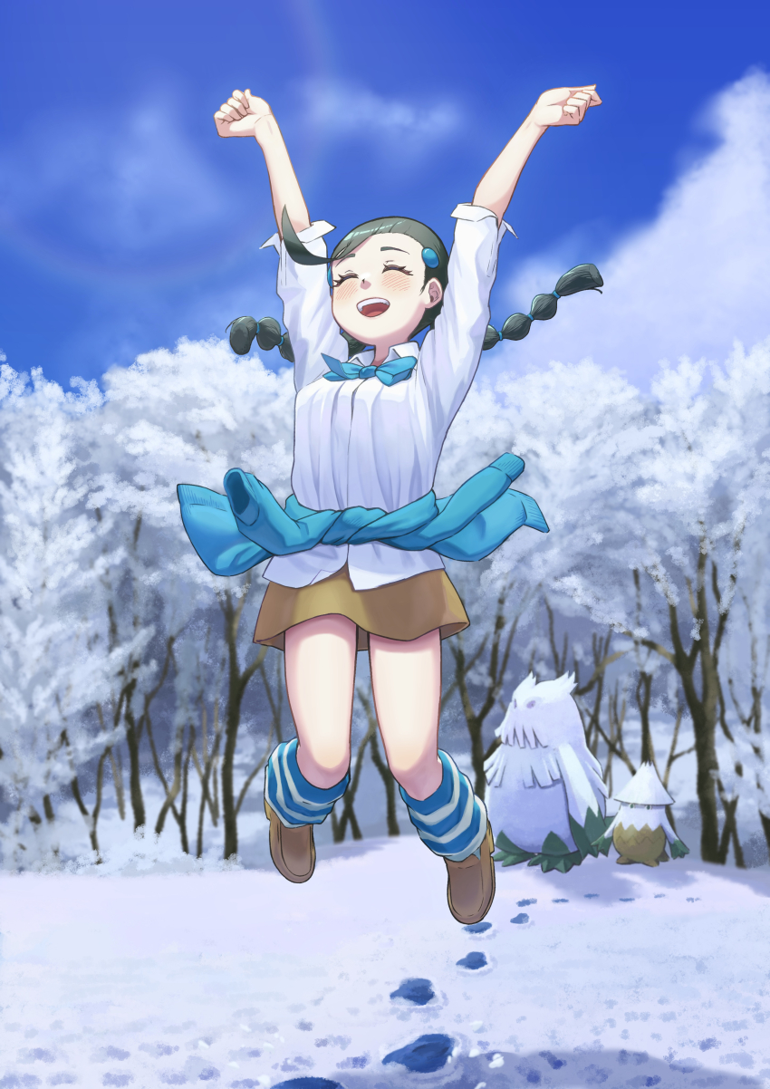 1girl :d abomasnow absurdres arms_up black_hair blush brown_footwear brown_skirt candice_(pokemon) closed_eyes clothes_around_waist collared_shirt commentary_request day evolutionary_line footprints game_freak gen_4_pokemon hair_ornament hairclip highres jumping kenchamanpoi long_hair multi-tied_hair nintendo open_mouth outdoors pokemon pokemon_(creature) pokemon_dppt shirt shoes skirt sky smile snover snow socks striped_clothes striped_socks sweater sweater_around_waist teeth tree twintails upper_teeth_only white_shirt