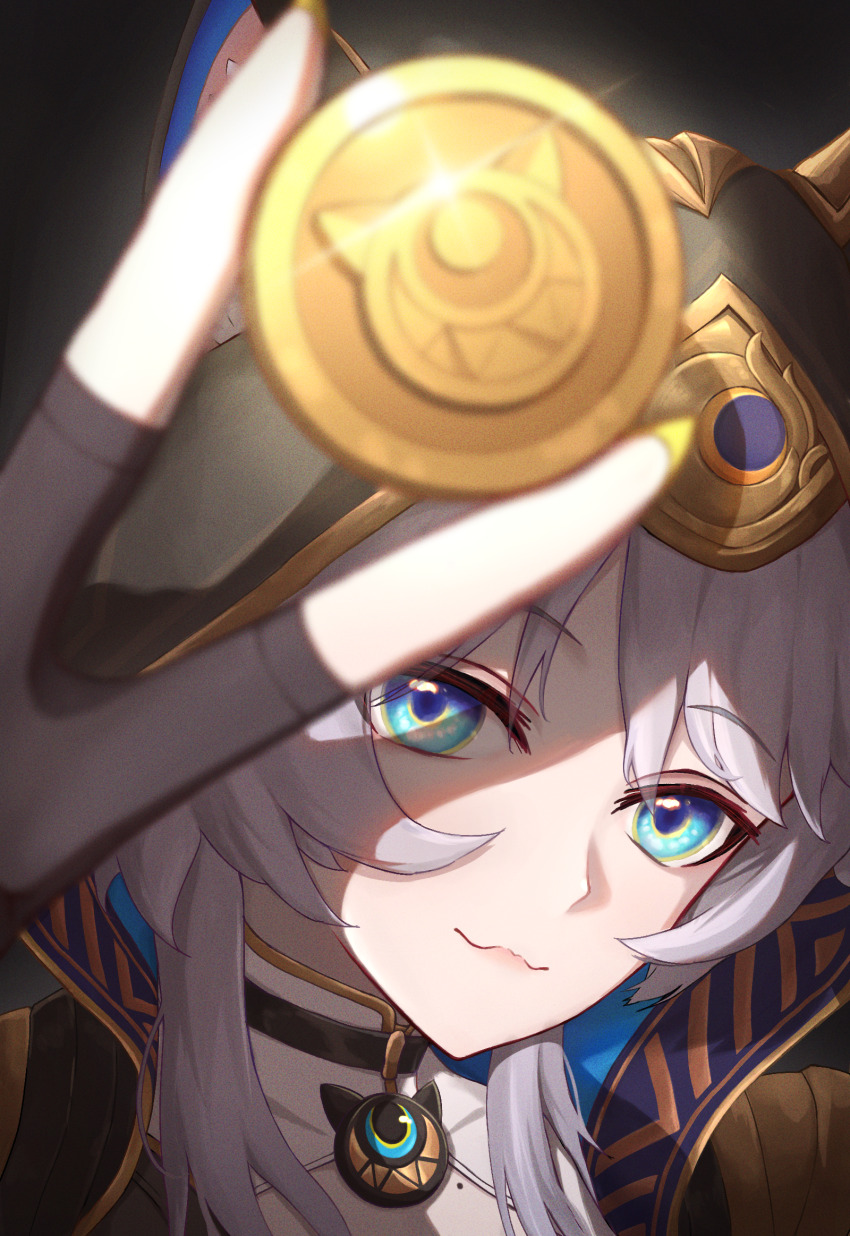 1girl animal_ear_fluff animal_ears between_fingers black_background black_bodysuit black_choker black_gloves blue_eyes blurry bodysuit cat_choker cat_ears cat_girl choker cipher_(honkai:_star_rail) closed_mouth coin fingerless_gloves fingernails gloves gold_coin gold_trim grey_hair hair_between_eyes hand_up highres holding holding_coin honkai:_star_rail honkai_(series) hood hooded_bodysuit long_fingernails lost_found mole nail_polish shadow short_hair sidelocks simple_background smile solo sparkle upper_body yellow_nails