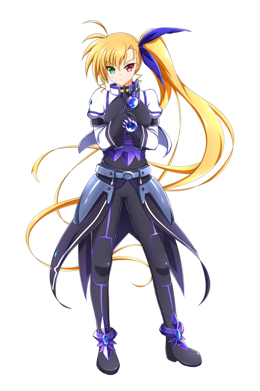 1girl adjusting_clothes adjusting_gloves aged_up armor black_bodysuit black_gloves blonde_hair blue_bow bodysuit bow breasts closed_mouth faulds floating_hair frown full_body gloves green_eyes hair_between_eyes hair_bow heterochromia highres long_hair looking_at_viewer lyrical_nanoha mahou_shoujo_lyrical_nanoha_vivid medium_breasts oshimaru026 red_eyes side_ponytail simple_background solo standing v-shaped_eyebrows very_long_hair vivio white_background