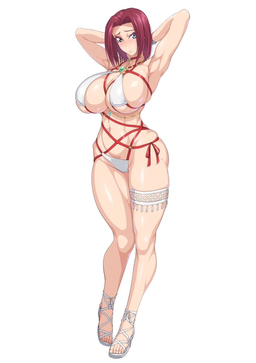 1girl armpits arms_behind_head arms_up bare_shoulders bikini blue_eyes bracelet breasts choker cleavage closed_mouth code_geass collarbone commentary_request full_body highres jewelry kouzuki_kallen large_breasts looking_at_viewer medium_hair navel ozaneko parted_bangs partial_commentary red_choker red_hair sandals shy simple_background skindentation smile solo standing stomach swimsuit thigh_strap toned white_background white_bikini