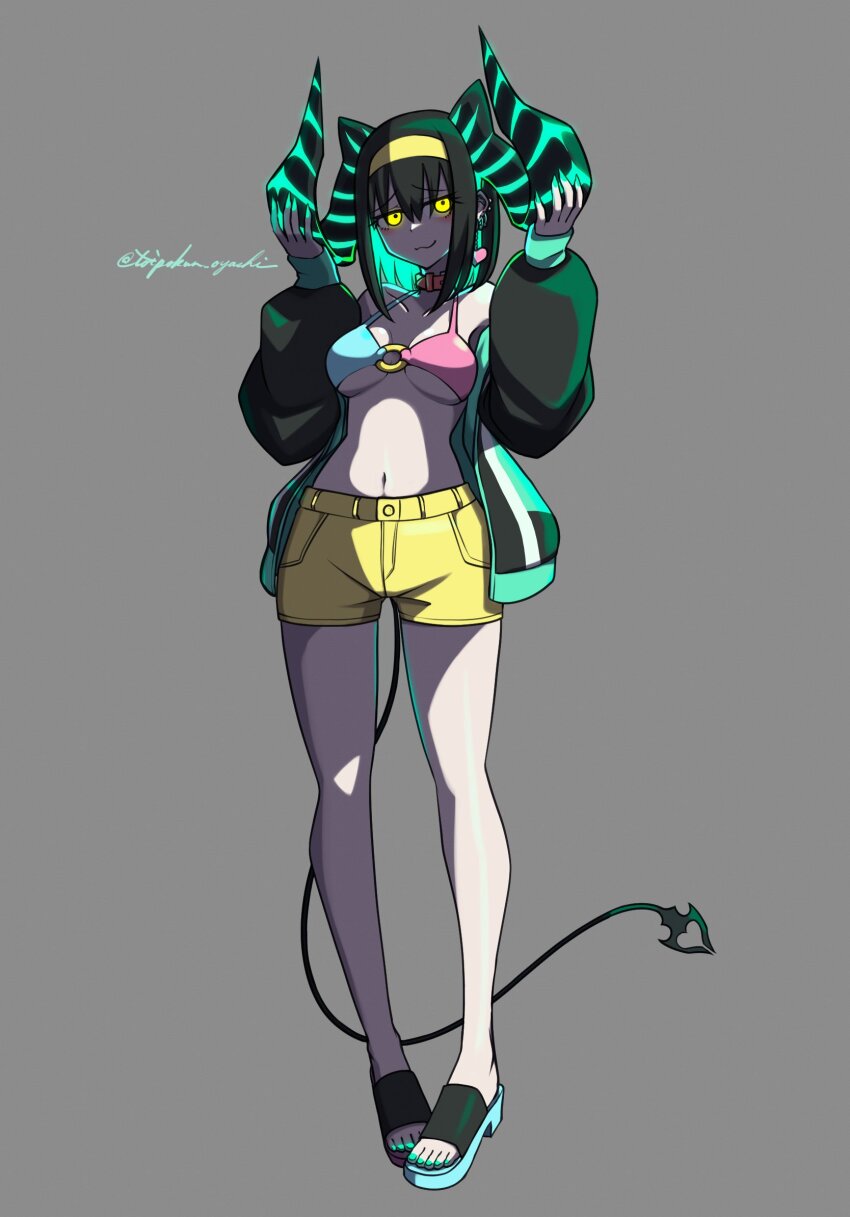 1girl :3 aqua_eyes artist_name bikini bikini_top_only blush closed_mouth collar ear_piercing earrings full_body glowing glowing_eyes glowing_hair glowing_horns glowing_nails green_hair green_horns green_jacket grey_background halterneck hands_up heart heart_earrings highres horns jacket jewelry long_sleeves looking_at_viewer luma_(toipokun_oyashi) medium_hair open_clothes original piercing red_collar sandals short_shorts shorts simple_background solo standing swimsuit tail toipokun_oyashi twitter_username yellow_eyes yellow_shorts