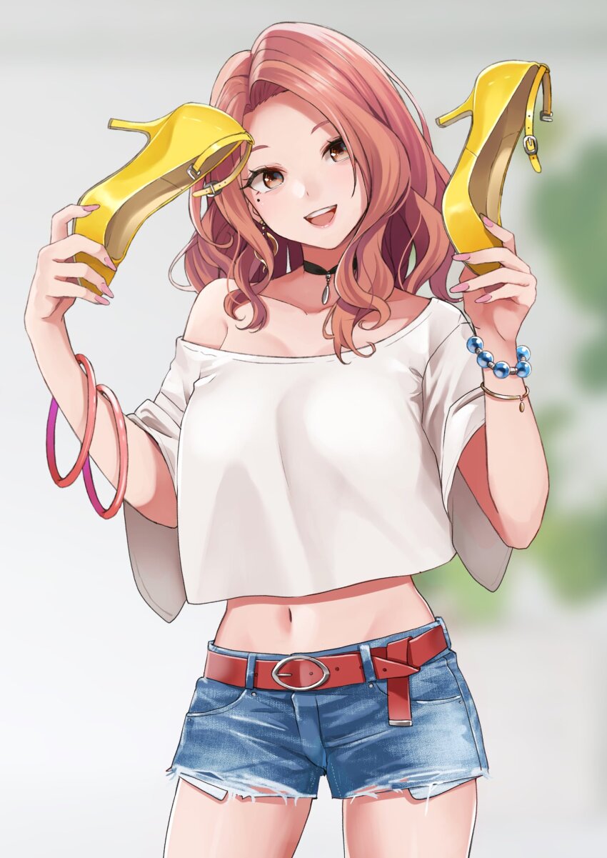 1girl :d bangle belt blue_shorts bracelet brown_eyes brown_hair choker collarbone commentary_request cowboy_shot crop_top cropped_shirt cutoffs denim denim_shorts groin head_tilt high_heels highres holding holding_shoes jewelry long_hair looking_at_viewer midriff mole mole_under_eye navel off-shoulder_shirt off_shoulder open_mouth original retsuna second-party_source shirt shoes short_shorts short_sleeves shorts smile solo standing stomach thighs torn_clothes torn_shorts unworn_shoes white_shirt yellow_shoes