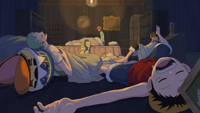 2girls 3boys barefoot bed bird black_hair blue_hair blue_shorts closed_eyes commentary_request duck green_hair hat highres indoors karoo_(one_piece) korean_commentary long_hair long_nose lying monkey_d._luffy multiple_boys multiple_girls nami_(one_piece) nami_(one_piece)_(drum_island) nefertari_vivi on_back one_piece orange_hair ponytail red_shirt roronoa_zoro shirt short_hair shorts sitting sleeping straw_hat straw_hat_pirates under_covers usopp wall_lamp wooden_wall zzgamzasu
