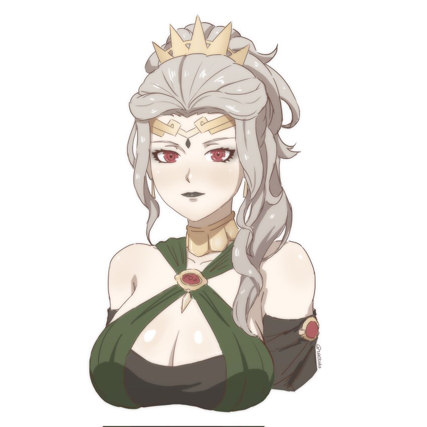 1girl artist_name bare_shoulders black_lips breasts cleavage cosplay dorothea_arnault_(plegian) dorothea_arnault_(plegian)_(cosplay) fire_emblem fire_emblem_heroes green_eyes grey_hair highres letizia_(fire_emblem) lipstick looking_at_viewer makeup medium_breasts nintendo ponytail solo tak0baka tiara upper_body white_background