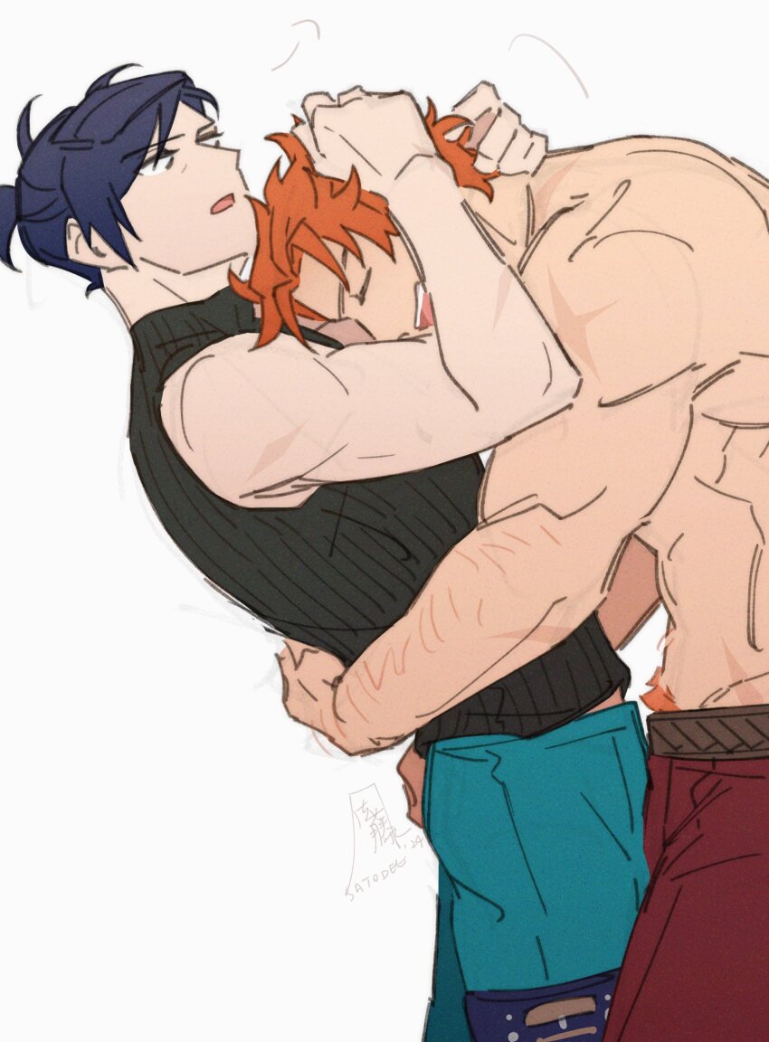 2boys abs absurdres aqua_pants arm_hair arms_around_waist back black_shirt blue_hair closed_eyes commentary cowboy_shot dark_blue_hair dated english_commentary felix_hugo_fraldarius fire_emblem fire_emblem:_three_houses from_side groin hands_on_another&#039;s_head highres hug looking_at_another male_focus male_pubic_hair multiple_boys multiple_scars nintendo open_mouth orange_hair pants ponytail pubic_hair red_pants satodee scar scar_on_arm scar_on_neck scar_on_shoulder shirt short_hair short_ponytail shoulder_blades signature simple_background sleeveless sleeveless_turtleneck sylvain_jose_gautier teeth tongue topless_male turtleneck twitter_username upper_teeth_only wavy_hair white_background yaoi