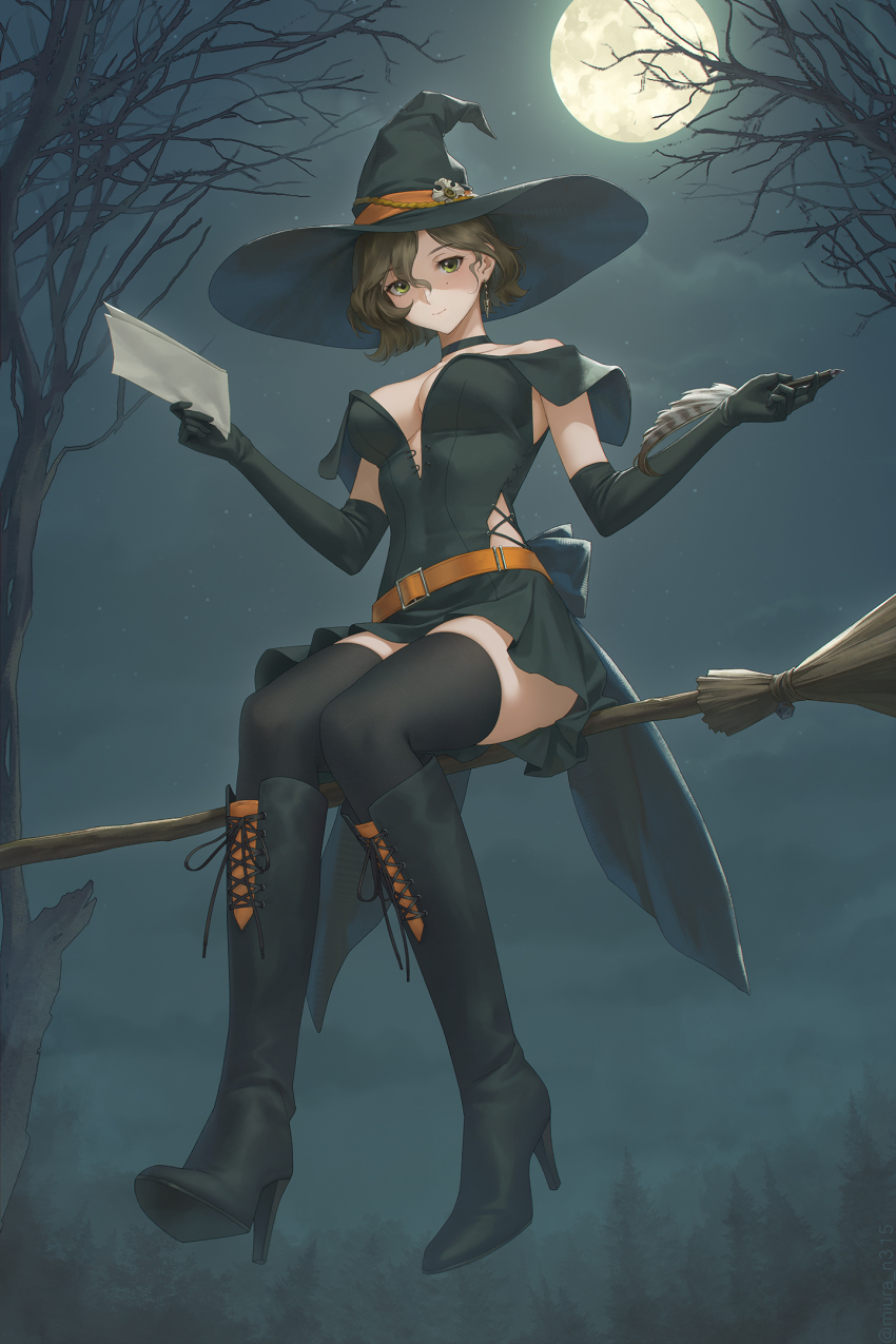 1girl alternate_costume belt black_boots black_dress black_thighhighs boots branch breasts broom broom_riding cleavage dress floating green_eyes halloween hat high_heel_boots high_heels highres holding holding_quill looking_at_viewer loose_belt miura-n315 mole mole_under_eye night night_sky quill recoleta_(reverse:1999) reverse:1999 sky smile thighhighs thighhighs_under_boots tree witch witch_hat