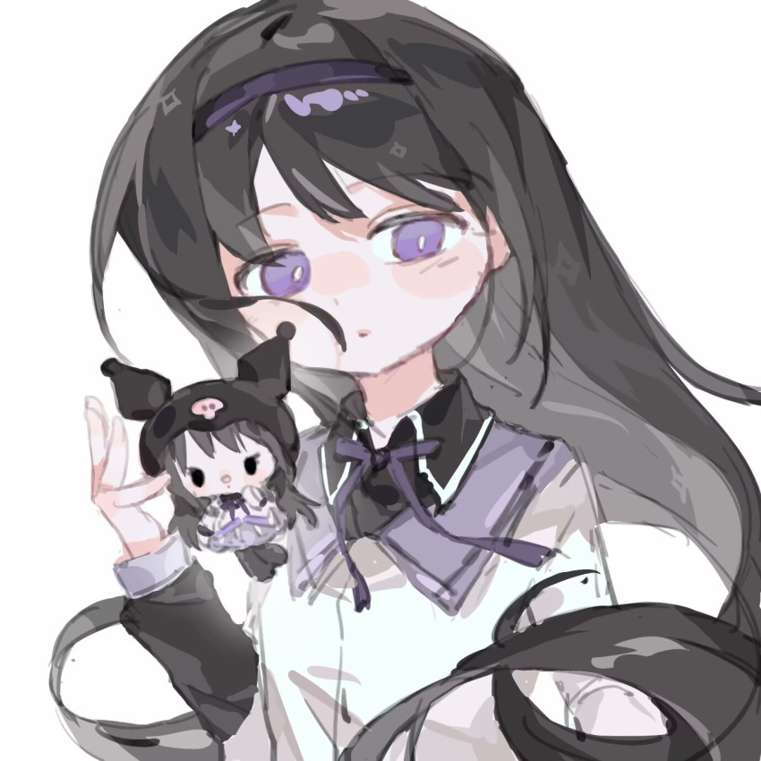 1girl :o akemi_homura akemi_homura_(cosplay) akemi_homura_(magical_girl) animal animal_ears black_eyes black_hair black_hood black_shirt bow bowtie bright_pupils capelet clothed_animal collared_shirt commentary cosplay dot_nose dress ear_covers expressionless hairband highres hood hood_up kuromi layered_sleeves liangqi_shi light_blush long_hair long_sleeves looking_at_viewer mahou_shoujo_madoka_magica mahou_shoujo_madoka_magica_(anime) onegai_my_melody parted_lips procreate_(medium) purple_bow purple_bowtie purple_capelet purple_eyes purple_hairband sanrio shirt shirt_under_dress simple_background solid_oval_eyes sparkle upper_body very_long_hair white_background white_dress white_pupils