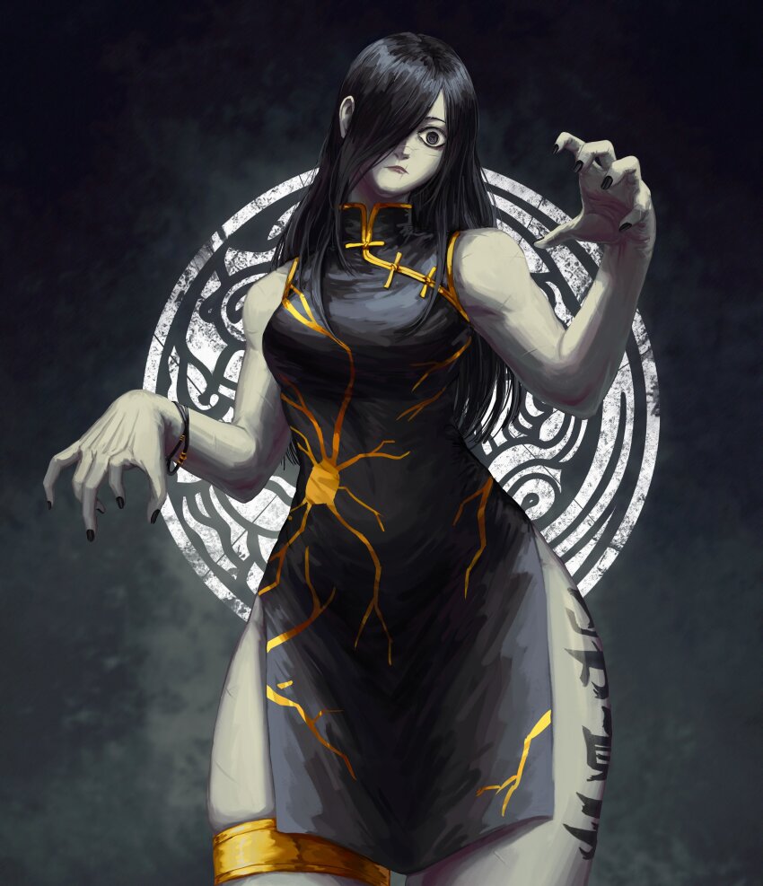 1girl absurdres alternate_costume axeilden bags_under_eyes bare_shoulders black_dress black_eyes black_hair breasts china_dress chinese_clothes close-up colored_skin commentary cowboy_shot cracked_skin dress english_commentary ghost_girl gold_trim hair_bun hair_over_one_eye highres jewelry kintsugi large_breasts long_hair looking_at_viewer looking_back mandarin_collar messy_hair multiple_views portrait pout puffy_cheeks ringed_eyes scar scar_on_face scar_on_lip scar_on_mouth short_dress side_slit sidelocks signature small_breasts solo the_ring thighlet white_background white_skin yamamura_sadako