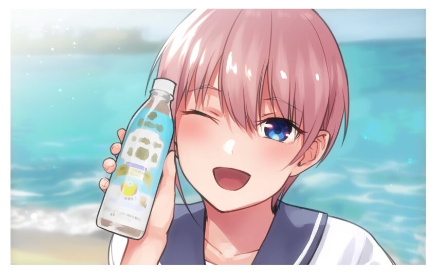 1girl ;d beach blue_eyes border bottle collarbone commentary_request go-toubun_no_hanayome grey_sailor_collar highres holding holding_bottle kouzuki_(majc8345) looking_at_viewer nakano_ichika ocean one_eye_closed open_mouth pink_hair portrait sailor_collar school_uniform serafuku shirt short_hair smile solo white_border white_shirt
