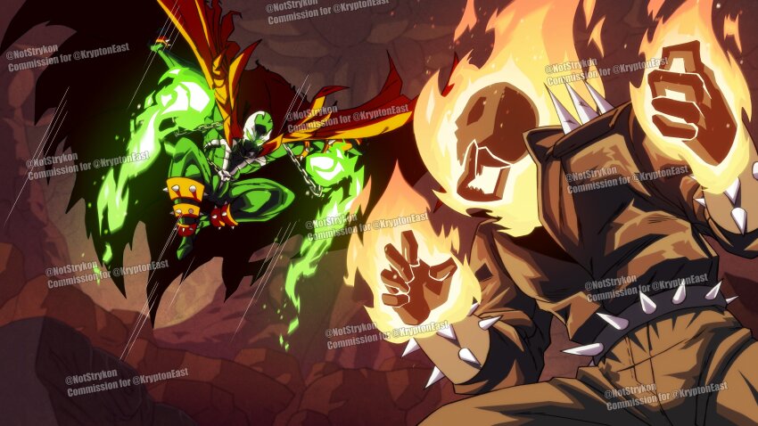 2boys absurdres battle black_jacket cape chain crossover death_battle demon fire flaming_skull ghost_rider ghost_rider_(series) gloves glowing glowing_eyes green_eyes green_fire highres image_comics jacket leather leather_jacket male_focus marvel mask multiple_boys notstrykon pants red_cape skull skull_head spawn_(comic) spawn_(spawn) spikes studded superhero_costume western_comics_(style)
