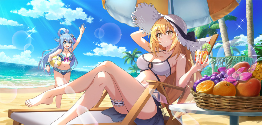 2girls aqua_(konosuba) ball barefoot beach beach_chair beach_umbrella beachball bikini blonde_hair blue_bikini blue_eyes blue_hair blue_scrunchie blue_sky bow breasts chair cleavage cocktail_glass cocktail_pick crossed_legs crossover cup day drinking_glass drinking_straw flower food frilled_bikini frills fruit fruit_basket game_cg grapes hair_between_eyes hair_ornament hair_rings hand_on_headwear hat highres holding holding_ball holding_beachball holding_cup kono_subarashii_sekai_ni_shukufuku_wo! konosuba!_fantastic_days large_breasts lemon lemon_slice lens_flare light_rays lime_(fruit) lime_slice long_hair looking_at_viewer mango multiple_girls navel ocean official_art on_chair orange_(fruit) palm_tree pineapple reclining running scrunchie shokuhou_misaki single_hair_ring sitting sky smile sparkle star-shaped_pupils star_(symbol) straw_hat sun_hat sunbeam sunlight swimsuit symbol-shaped_pupils table thigh_strap thighs toaru_kagaku_no_railgun toaru_majutsu_no_index tree umbrella very_long_hair waving white_bikini wrist_scrunchie yellow_eyes