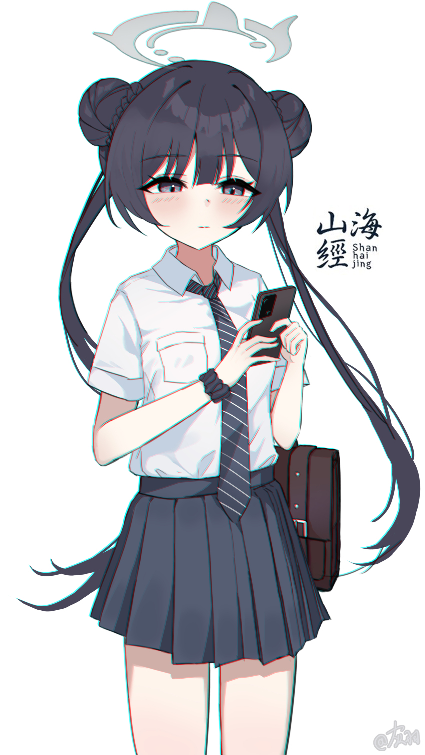 1girl absurdres black_hair black_skirt blue_archive blush braid briefcase cellphone chromatic_aberration closed_mouth collared_shirt commentary_request diagonal-striped_clothes diagonal-striped_necktie double_bun grey_eyes hair_bun halo highres holding holding_phone hui_yu_yu_yu_ye kisaki_(blue_archive) long_hair necktie phone pleated_skirt school_briefcase school_uniform shirt simple_background skirt solo standing striped_clothes twintails twitter_username very_long_hair white_background white_shirt