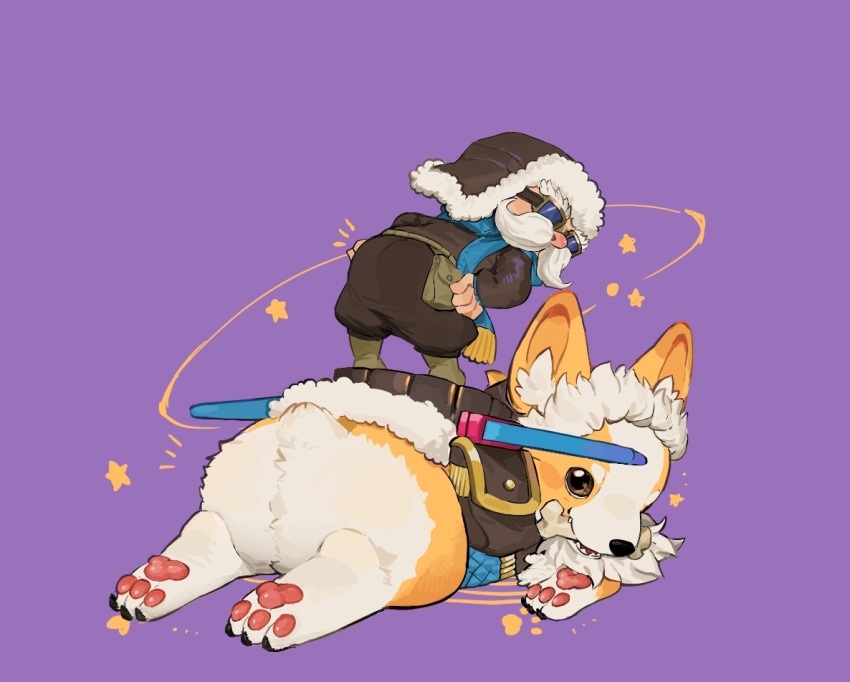 1boy animal bent_over bone boots brown_boots brown_headwear brown_pants corgi_corki corki dog facial_hair fur-trimmed_headwear fur_trim ghostgrass goggles league_of_legends long_sleeves looking_back lying mouth_hold mustache notice_lines official_alternate_costume on_stomach oversized_animal pants pilot pink_background pouch smile solo standing welsh_corgi yordle