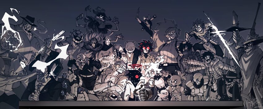 abby_(za1f0n) absurdres abyss_witch_(za1f0n) artist_self-insert black_hair black_halo bodysuit breasts character_request cigar cleavage clothes_writing collared_shirt colored_sclera cowboy_hat crossed_arms dated eldritch_abomination energy_sword energy_weapon extra_arms extra_eyes fiery_hair flying_kick formal_clothes gauntlets gloves gun halo handgun hat high_kick highres holding holding_gun holding_knife holding_sword holding_weapon hood hoodie jacket jester_cap kicking knife knight living_clothes long_sleeves looking_at_viewer mask mera_(za1f0n) monster_girl muscular muscular_male open_clothes open_jacket open_mouth original poncho red-tinted_eyewear red_eyes red_halo red_sclera revolver scar scar_on_chest sharp_teeth shirt shrek shrek_(series) signature sitting skeleton smoking sombrero spiked_gloves stuffed_animal stuffed_toy suit sweat sword t-shirt table teddy_bear teeth tinted_eyewear too_many_eyes waving weapon white_eyes witch witch_hat za1f0n