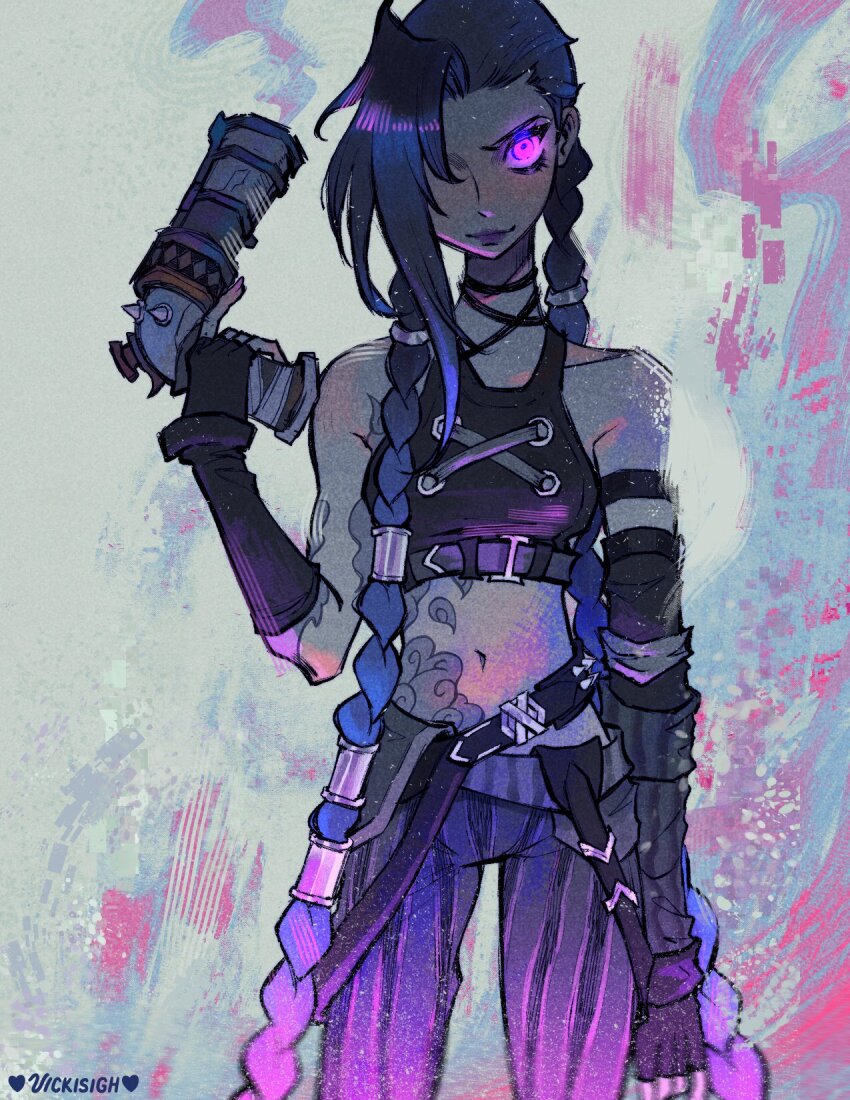 1girl arcane:_league_of_legends arcane_jinx artist_name braided_twintails closed_mouth commentary cowboy_shot elbow_gloves fingerless_gloves gloves gun halterneck highres holding holding_gun holding_weapon jinx_(league_of_legends) league_of_legends looking_at_viewer pants purple_eyes scar scar_on_stomach single_sidelock smile striped_clothes striped_pants vertical-striped_clothes vertical-striped_pants vicki_tsai weapon