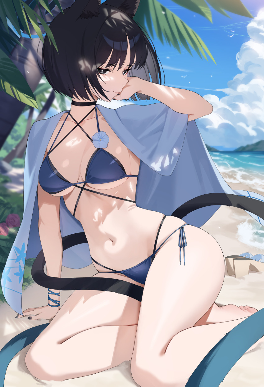 1girl absurdres animal_ear_fluff animal_ears arm_ribbon arm_support bare_legs barefoot beach bikini black_choker black_eyes black_hair black_nails blue_archive blue_bikini blue_ribbon blue_sky breasts bright_pupils cat_ears cat_girl cat_tail choker closed_mouth cloud collarbone criss-cross_halter cumulonimbus_cloud curvy dappled_sunlight day ddog eyeshadow foot_out_of_frame hair_between_eyes halterneck hand_up highres kikyou_(blue_archive) kikyou_(swimsuit)_(blue_archive) looking_at_viewer makeup medium_breasts multiple_tails nail_polish navel ocean official_alternate_costume outdoors palm_tree red_eyeshadow ribbon sandals seductive_smile short_hair side-tie_bikini_bottom sitting skindentation sky smile solo stomach straight_hair sunlight swimsuit tail thighs tree two_tails underboob unworn_sandals white_pupils yokozuwari