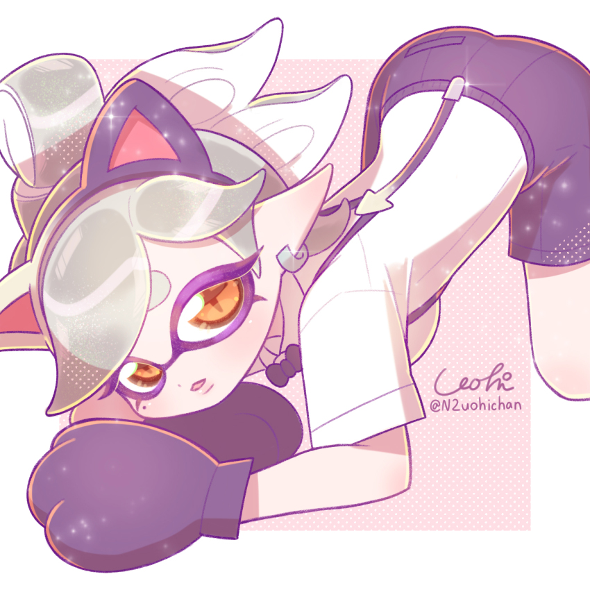1girl :3 all_fours animal_ears black_bow black_bowtie black_shorts blush bow bow-shaped_hair bowtie breasts cat_ears cephalopod_eyes cosplay cross-shaped_pupils earrings fake_animal_ears grey_hair highres hoop_earrings inkling jewelry judd_(splatoon) judd_(splatoon)_(cosplay) large_breasts looking_at_viewer marie_(splatoon) mole mole_under_eye n2uohichan nintendo open_mouth pointy_ears ponytail shirt short_hair short_sleeves shorts sparkle splatoon_(series) squid_girl suction_cups suspenders symbol-shaped_pupils tentacle_hair top-down_bottom-up white_shirt yellow_eyes