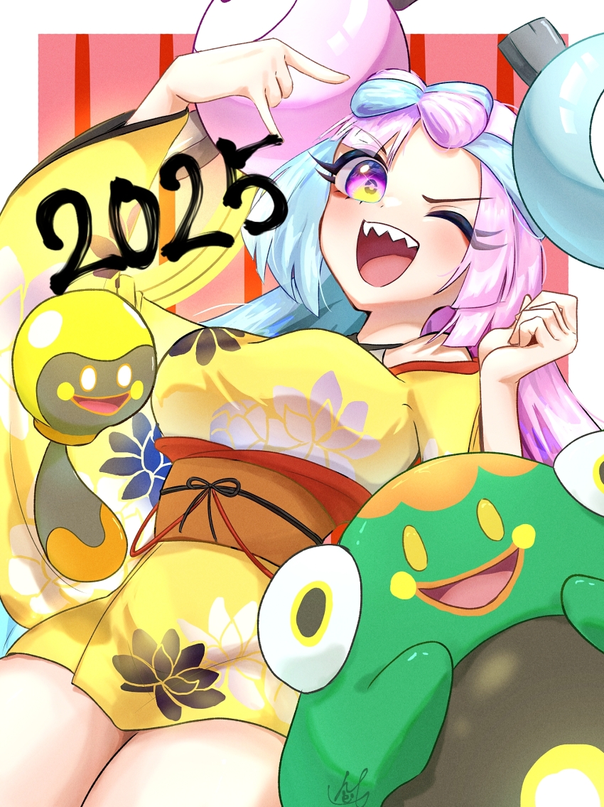 alternate_costume bellibolt bow-shaped_hair character_hair_ornament hair_ornament happy_new_year highres iono_(pokemon) japanese_clothes kimono long_hair low-tied_long_hair multicolored_hair namekuj1hey new_year nintendo open_mouth pokemon pokemon_sv sharp_teeth tadbulb teeth two-tone_hair