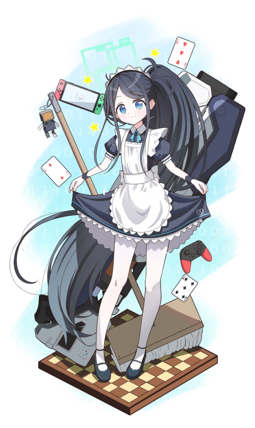 1girl apron aris_(blue_archive) aris_(maid)_(blue_archive) binary black_dress black_hair blue_archive blue_eyes card chessboard commentary_request dress green_halo halo highres kutzuha long_hair maid maid_apron maid_headdress mop nintendo_switch nintendo_switch_pro_controller pantyhose partial_commentary playing_card ponytail star_(symbol) very_long_hair white_pantyhose