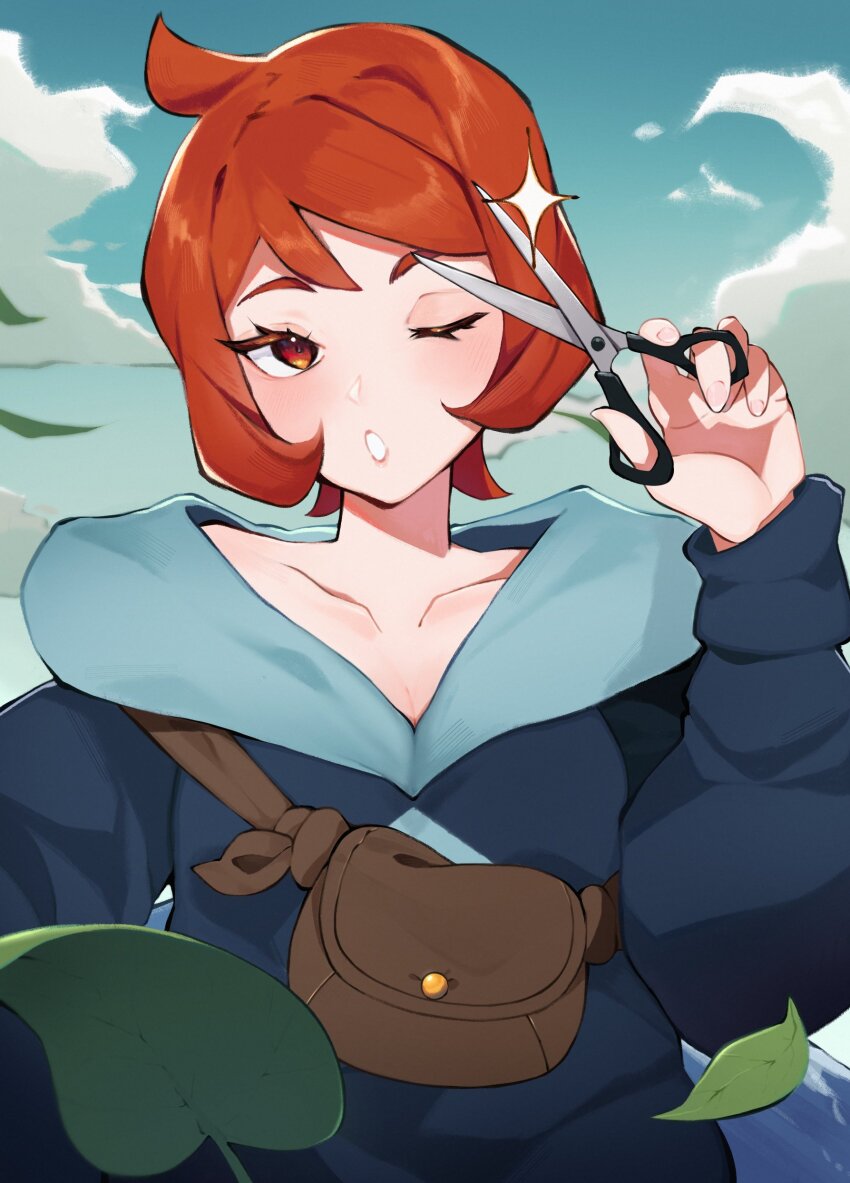 1girl ;o absurdres ahoge arezu_(pokemon) blue_sky breasts brown_bag cloud collarbone day falling_leaves flipped_hair flipped_sidelocks game_freak hand_up highres holding holding_scissors leaf light_blush long_sleeves looking_at_object nintendo one_eye_closed outdoors pokemon pokemon_legends:_arceus raluraluze red_eyes red_hair scissors short_hair shoulder_pouch sky small_breasts solo swept_bangs teeth upper_body wind