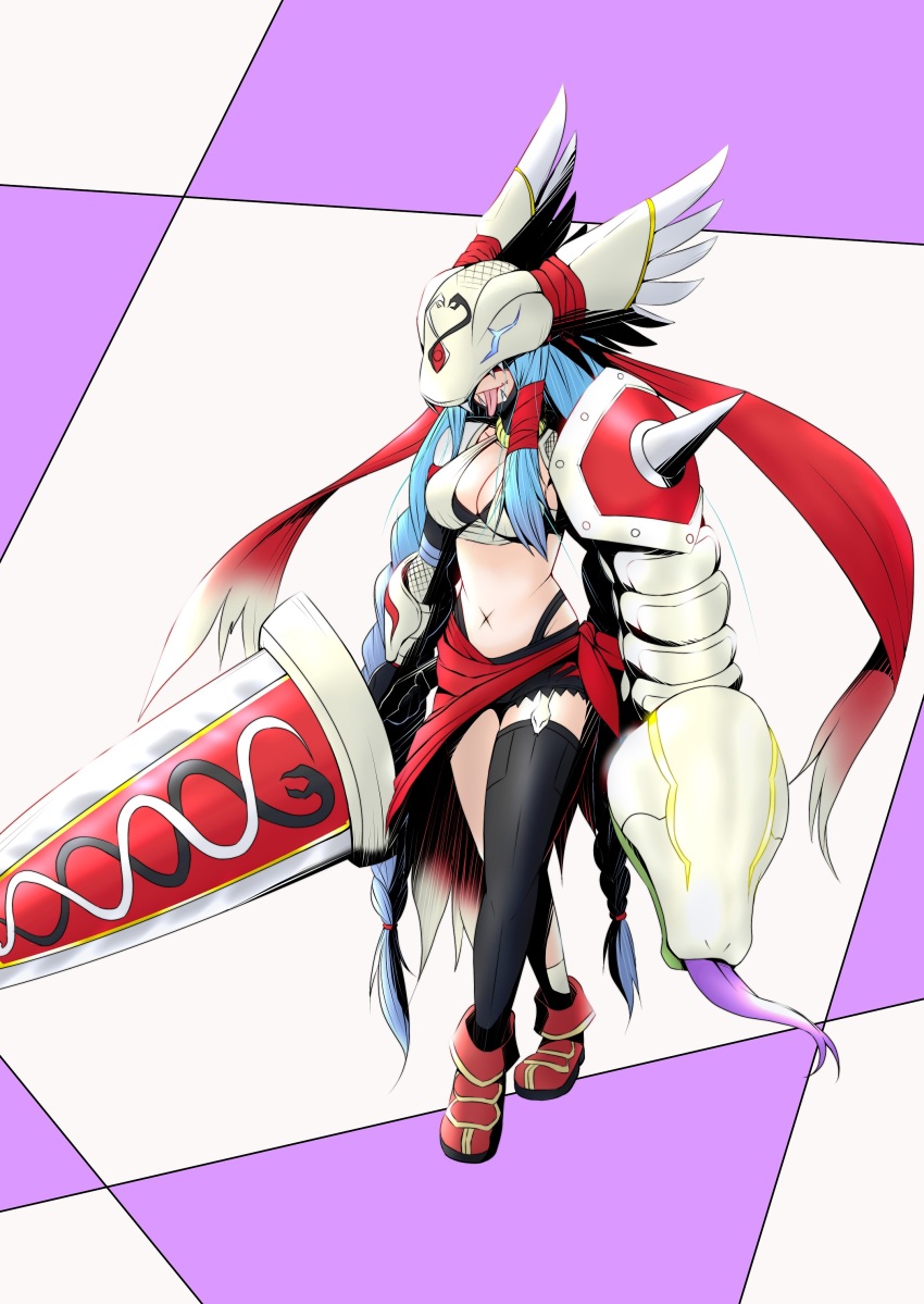 1girl absurdres asymmetrical_legwear asymmetrical_sleeves black_thighhighs blue_hair braid breasts cleavage commentary_request covered_eyes digimon digimon_(creature) fangs fangs_out female_focus forked_tongue full_body fusion garter_straps gauntlets groin helmet highres holding holding_sword holding_weapon huge_weapon large_breasts long_hair long_tongue mervamon midriff minervamon mismatched_legwear mismatched_sleeves mitosupa_(qsiqydfz7nesh9w) navel pink_background red_footwear shield short_shorts shorts shoulder_spikes single_garter_strap single_gauntlet single_thighhigh snake snake_mask socks solo spikes sword thighhighs tongue tongue_out twin_braids two-tone_background very_long_hair weapon white_background white_socks winged_helmet x_navel