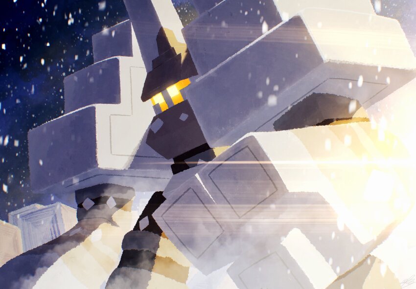 colored_sclera ewokakukaede garganacl golem highres light night night_sky nintendo no_humans orange_eyes orange_sclera pokemon pokemon_(creature) pokemon_focus rock salt sky snowing standing sun_glare sunlight tall_hat yellow_eyes