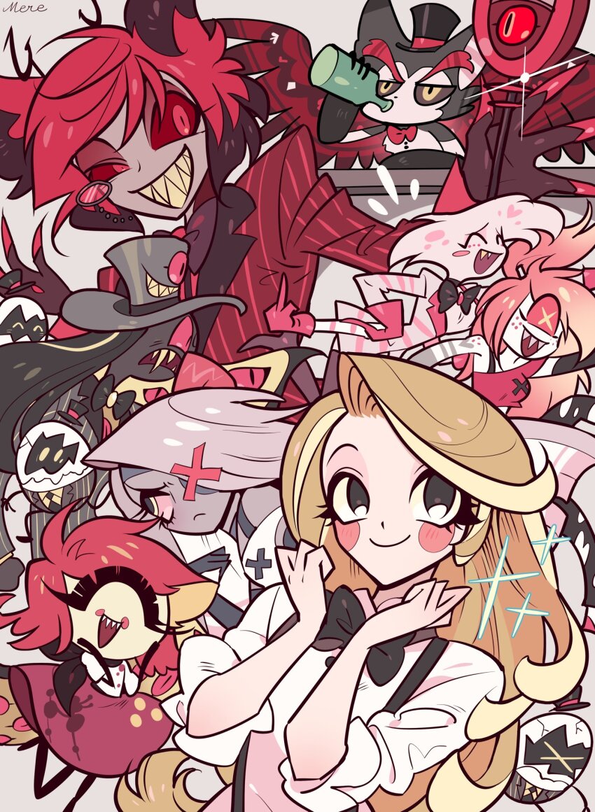 &gt;_&lt; ^_^ alastor_(hazbin_hotel) angel_dust animal_ears antlers artist_name black_bow black_bowtie black_gloves black_hair black_headwear black_jacket black_sclera black_skin blonde_hair blush_stickers bow bowtie cat_boy cat_ears charlie_morningstar cherri_bomb closed_eyes coat colored_sclera colored_skin colored_teeth cyclops deer_antlers deer_boy demon_boy dress egg egg_bois elbow_gloves extra_arms extra_eyes frown furry furry_male glint gloves grey_fur grey_hair grey_skin grin hair_bow hair_over_one_eye half-closed_eye hands_on_own_cheeks hands_on_own_face hands_up hazbin_hotel highres holding holding_microphone horns husk_(hazbin_hotel) jacket long_hair long_sleeves looking_at_another looking_at_viewer meremero microphone microphone_stand middle_finger monocle monster_boy multicolored_hair niffty_(hazbin_hotel) one-eyed open_mouth pink_dress pink_gloves pink_hair pink_jacket pink_sclera red_bow red_bowtie red_coat red_eyes red_hair red_sclera red_shirt sharp_teeth shirt short_hair signature single_blush_sticker sir_pentious slit_pupils smile striped_clothes striped_coat striped_jacket suspenders symbol-shaped_pupils teeth traditional_bowtie two-tone_fur two-tone_hair vaggie vertical-striped_clothes vertical-striped_jacket vintage_microphone white_fur white_shirt x-shaped_pupils yellow_eyes yellow_pupils yellow_sclera yellow_teeth