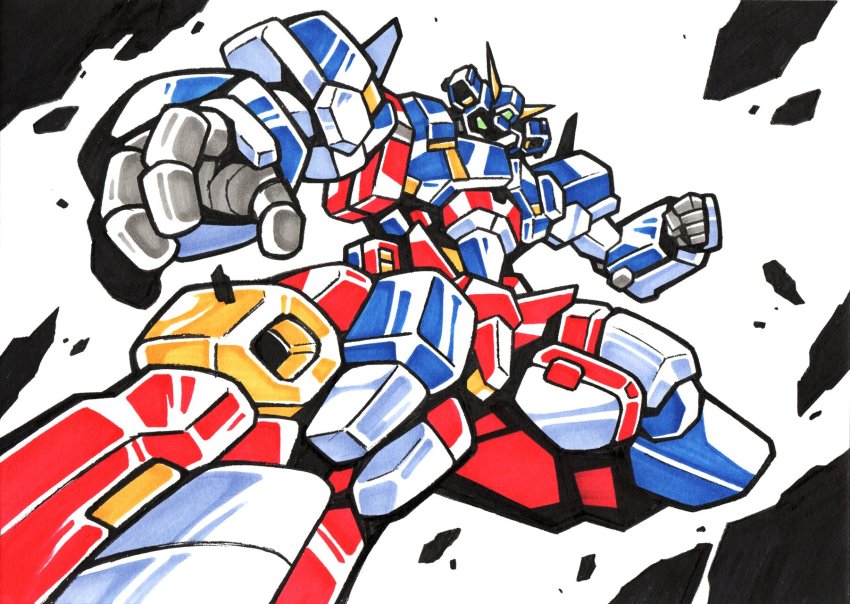 clenched_hand drop_kick flying_kick green_eyes hamuten_(hmltzero) highres looking_down mecha no_humans one_eye_covered open_hand robot solo srx super_robot super_robot_wars super_robot_wars_original_generation v-fin