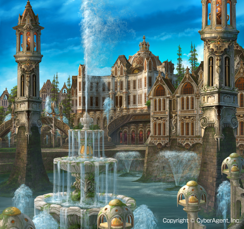 blue_sky building cloud column copyright_notice fountain gargoyle highres landscape moss no_humans ornate outdoors palace pillar scenery sky stained_glass stairs statue tower tree uchio_kazumasa water