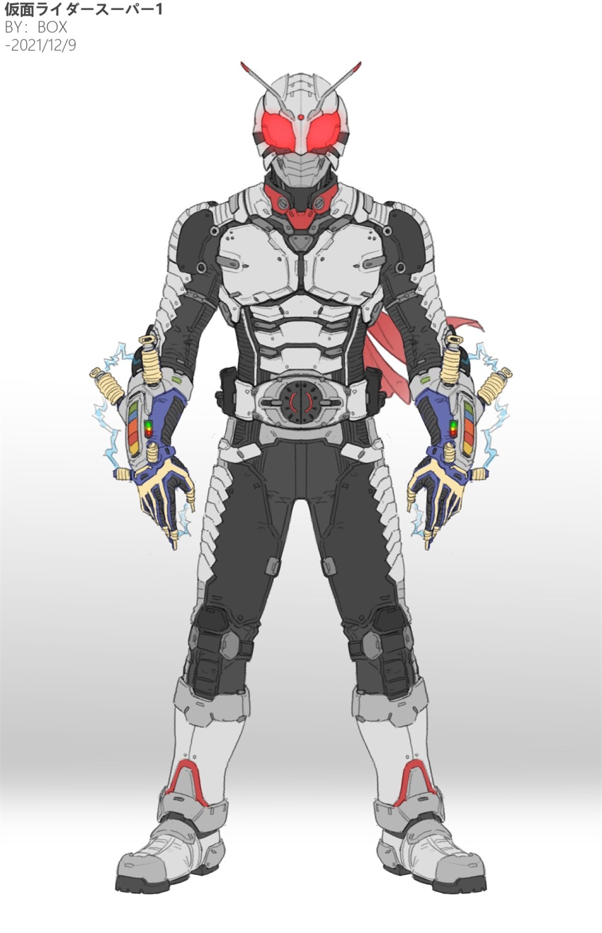 1boy antennae armor armored_boots black_bodysuit bodysuit boots chinese_commentary commentary_request electricity full_body gauntlets glowing glowing_eyes grey_armor grey_boots highres kamen_rider kamen_rider_super-1 kamen_rider_super-1_(series) male_focus mask red_eyes rider_belt simple_background solo white_armor white_background wrist_chain xiangzi_box