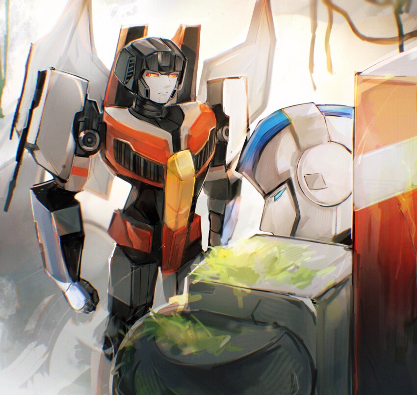 2boys blue_eyes empty_eyes highres jetfire lemon_ms1 machinery mecha mecha_focus multiple_boys no_humans red_eyes robot sad science_fiction spoilers starscream transformers transformers_one wings