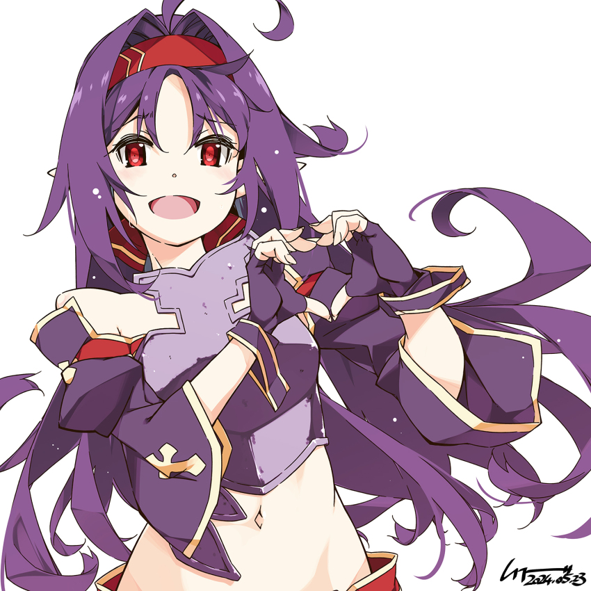 1girl :d ahoge armor bare_shoulders breastplate commentary_request dated detached_sleeves fingerless_gloves gloves grey_background hair_between_eyes hair_intakes hairband hands_up heart heart_hands highres long_hair long_sleeves navel open_mouth parted_bangs pointy_ears purple_armor purple_gloves purple_hair purple_sleeves red_eyes red_hairband shikei simple_background smile solo stomach sword_art_online upper_body white_background yuuki_(sao)