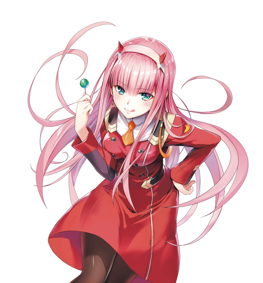 1girl :q absurdres bad_source black_pantyhose blunt_bangs candy cropped_legs darling_in_the_franxx eyeliner floating_hair food green_eyes hairband hand_on_own_hip highres holding holding_candy holding_food holding_lollipop leaning_forward lollipop long_hair makeup official_art pantyhose parasite_dress_uniform_(darling_in_the_franxx) pink_hair red_eyeliner simple_background small_horns solo standing third-party_source tongue tongue_out transparent_background very_long_hair yabuki_kentarou zero_two_(darling_in_the_franxx)
